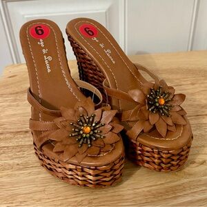 Diego Di Lucca Floral Accent  Basket Weave  Wedge Sandals
